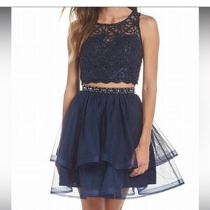 NWT $100 Sequin Hearts 2 Piece Formal Mini Skirt Crop Top Set Size 3 Blue